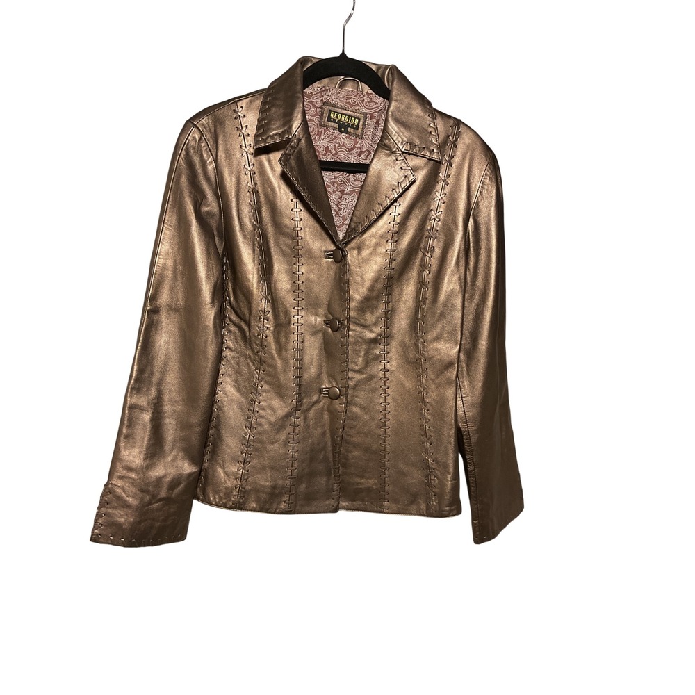 Georgiou Studio Metallic Bronze Leather Whipstitch Jacket Women Size 10 Blazer